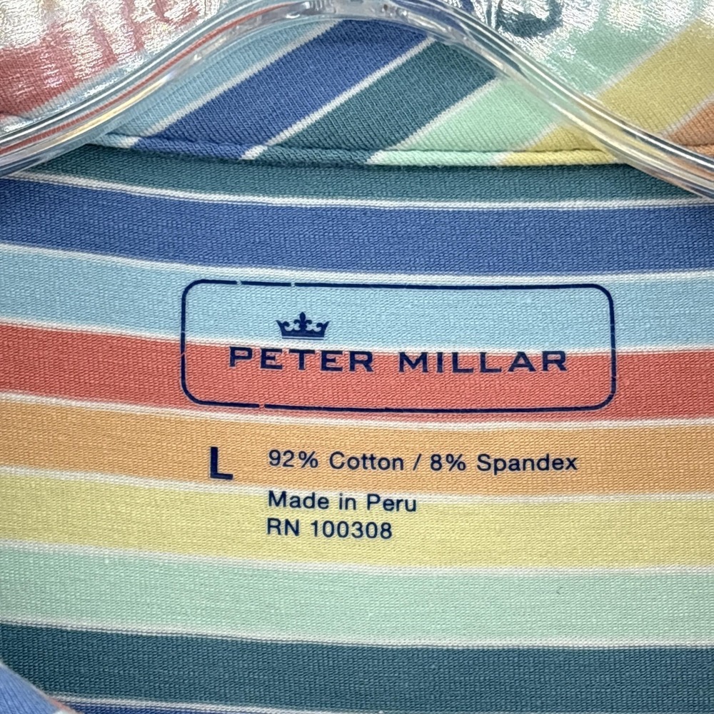 Peter Millar Polo Shirt Mens Large Multicolor Striped Pocket Cotton Stretch Golf - Picture 6 of 11